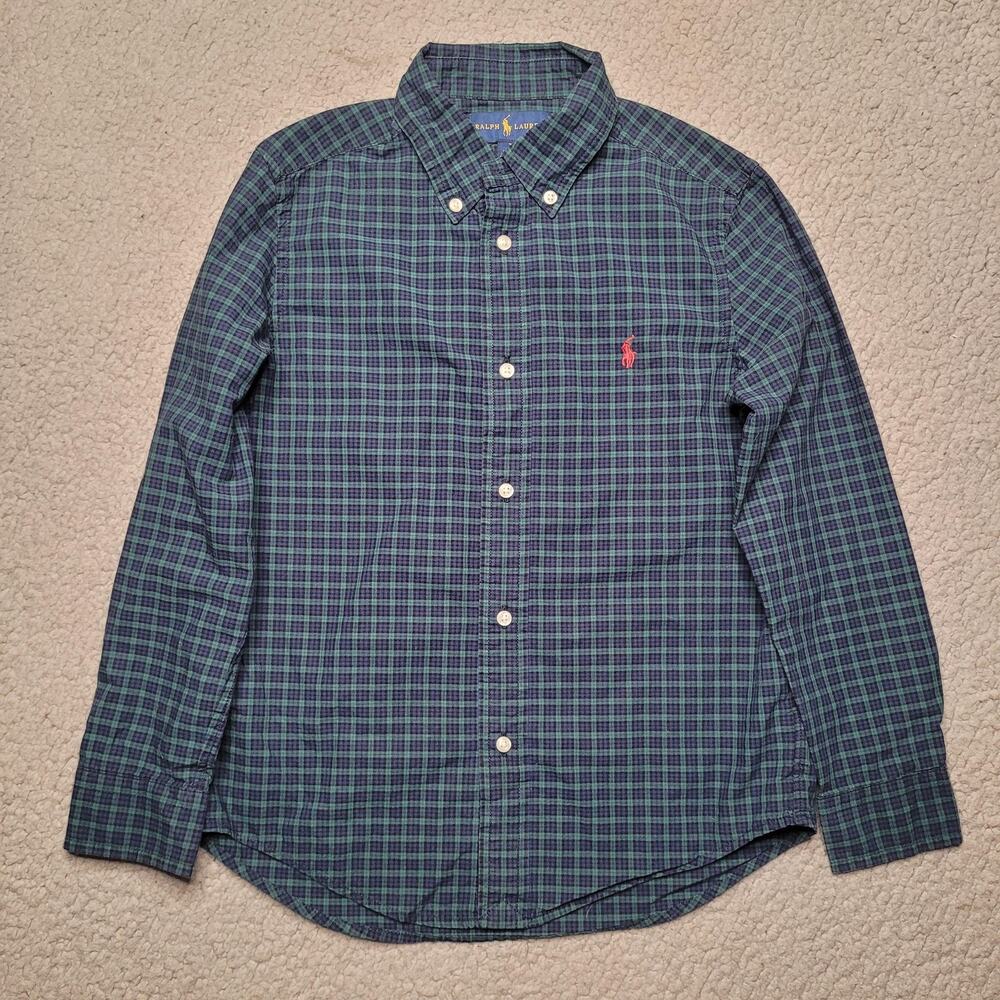 Ralph Lauren Shirt Boy 7 Green Blue Plaid Button Up Long Sleeve Pony Logo Preppy